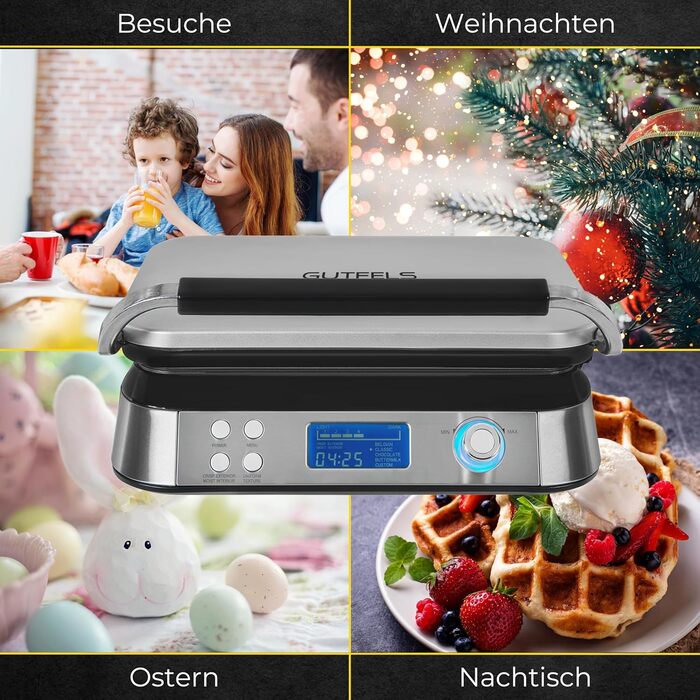 Електрична вафельниця GUTFELS WAFFLE 5010, подвійна, 1600 Вт, таймер, дисплей, для бельгійських вафель, чорна-нержавійка