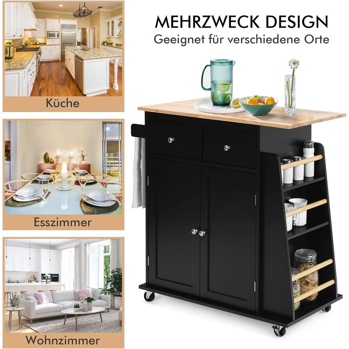 Кухонний візок COSTWAY з гумового дерева, чорний, на колесах з гальмами, робоча поверхня, регульована полиця, 2 шухляди, тримач для рушника та полиця для спецій