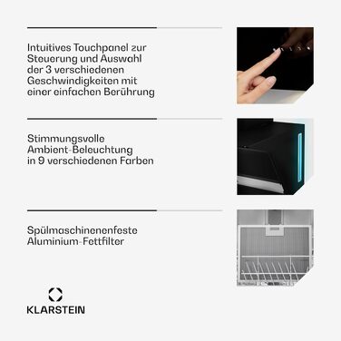 Витяжка кухонна Klarstein 60 см, похила, з RGB-LED підсвіткою, режим відведення та рециркуляції повітря, продуктивність 594 м³/год, клас енергоефективності A, чорна