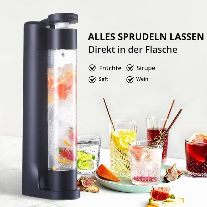 Сифон для газування води Seltzer Sprudelwasser-Maschine, домашній содоmaker з 2 BPA-free пляшками по 1 л, сумісний з балонами CO2 60 л, чорний