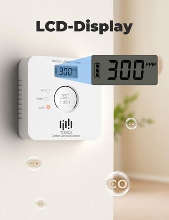 Детектор чадного газу LIORQUE з LCD-дисплеєм, батарея та сенсор на 10 років, гучний сигнал 85 дБ, сертифікація EN 50291, білий