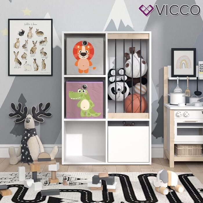 Дитяча полиця Vicco Luigi біла 72x107,8 см з 2 складними коробками, дизайн Опт.3 72x96, з коробками Собака/Кіт