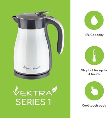 Електрочайник Vektra VEK-1701W 1,7 л, вакуумна ізоляція, нержавіюча сталь, подвійні стінки, термос 2-в-1, підтримка тепла, без BPA, бездротовий, білий