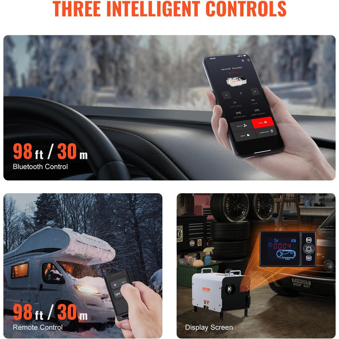 Автономний дизельний обігрівач повітря VEVOR 8 кВт 12В/24В з Bluetooth, пультом керування та CO-датчиком, портативна дизельна пічка для автомобілів та приміщень, білий