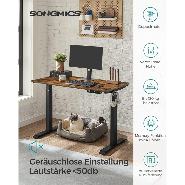 Електричний письмовий стіл SONGMICS 60×120 см, регульований по висоті, подвійний мотор, пам'ять на 4 положення, захист від зіткнень, вінтажний коричневий-чорний