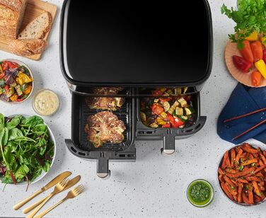 Аерофритюрниця Russell Hobbs SatisFry 9 л, 2 камери, 9 програм, тиха, без олії, посудомийна, до 200°C, функція підтримки тепла