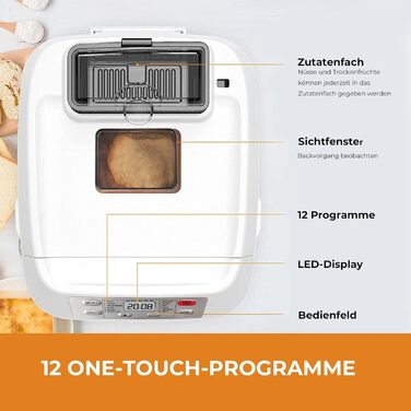 Хлібопекарня Kitchen in the Box з 12 програм, дозувальник і антипригарна форма, таймер 13 годин, білий
