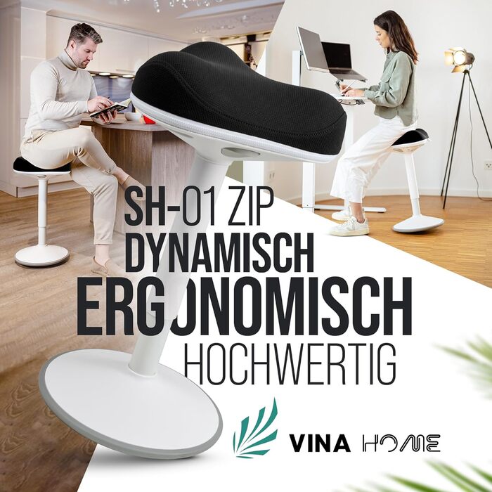 Офісний стілець ZIP SH-01 з ергономічною спинкою та знімним чохлом | Активне сидіння, стабільний ефект гойдання, регулювання висоти 58-83 см (Чорний)