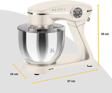 Планетарний міксер KLAMER 1800W для тіста з чашею 6л з нержавіючої сталі, 10 швидкостей, таймером та набором насадок (гак, вінчик, міксер), колір Premium Creme