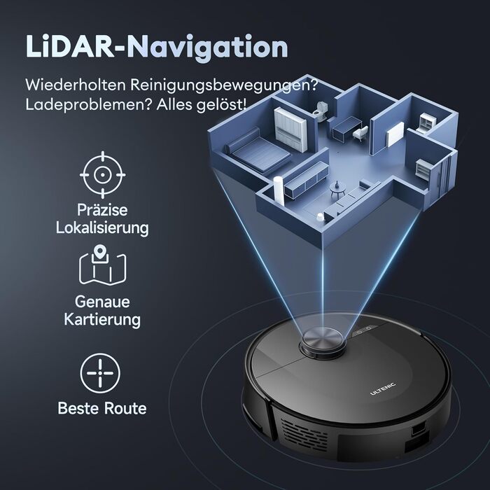 Робот-пилосос Ultenic D10 з функцією вологого прибирання, LiDAR-навігація, 4000 Па, 120 хв автономної роботи, керування через Alexa/Siri/додаток, для шерсті тварин, килимів і твердих підлог