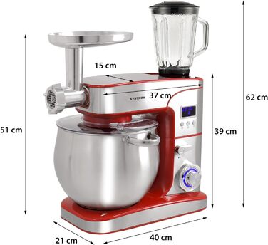 Кухонна машина Syntrox KM-2000W de Luxe Paris, міксер, тістоміс, м'ясорубка, 12 л, нержавіюча сталь, червона