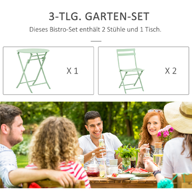 Outsunny Garden Набір на 2 особи Комплект балконних меблів Бістро Стіл з 2 стільцями для двору Сад розкладний зелений