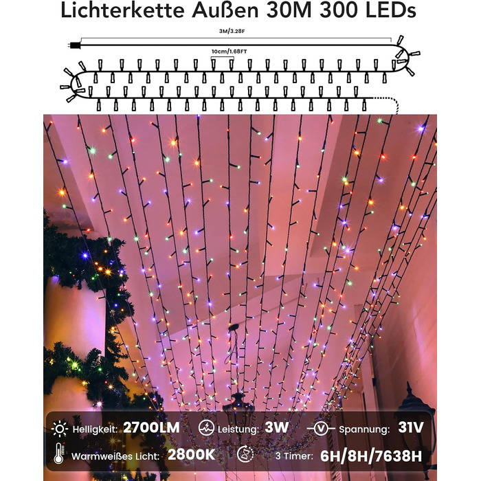 Світлодіодна гірлянда 50м 500 LED для вулиці та дому, вологозахищена з таймером та 11 режимами світіння (Теплий білий + Кольорова), для Різдва та вечірок