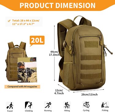 Тактичний рюкзак HUNTVP 20 л водостійкий Molle для спорту, школи, ноутбука, міський, військовий, коричневий