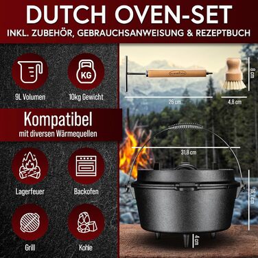 Набір чавунного казана Dutch Oven 9л з ніжками для готування на вогні, 2-в-1 з кришкою-сковорідкою, щіткою та книгою рецептів, чорний