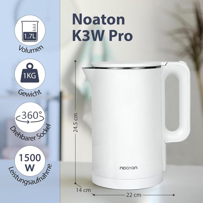 Електрочайник Noaton K2W Essential 1,7 л, подвійні стінки, нержавіюча сталь, 1500 Вт, тихий, 360° база, BPA free, білий