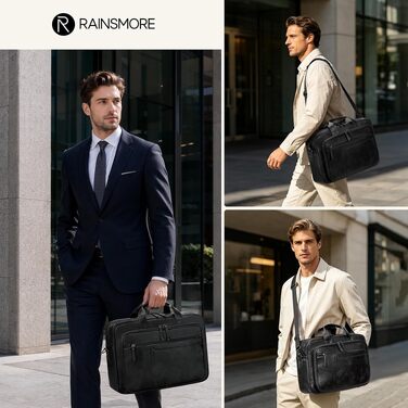 Чоловіча ділова сумка-портфель RAINSMORE Vintage з екошкіри для ноутбука 16 дюймів, чорна
