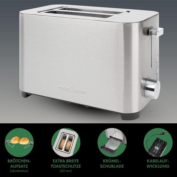Тостер ProfiCook PC-TA 1251, 2 тостових слоти, нержавіюча сталь, широкий слот, знімна насадка для булочок, регульований ступінь підсмажування, піддон для крихт, кабельний відсік
