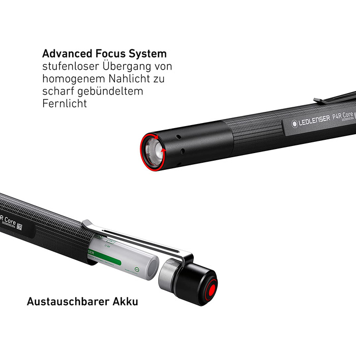 Ліхтарик Ledlenser P4R Core, LED, 200 люмен, акумуляторний, фокусування, 3 режими, 95 м, USB, кліпса, ручка