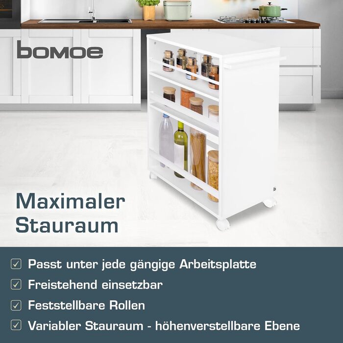 Кухонний візок bomoe Bengt на колесах, 3 рівні, FSC® дерево, універсальний сервірувальний столик 50x38x79 см, білий для кухні, ванної, офісу