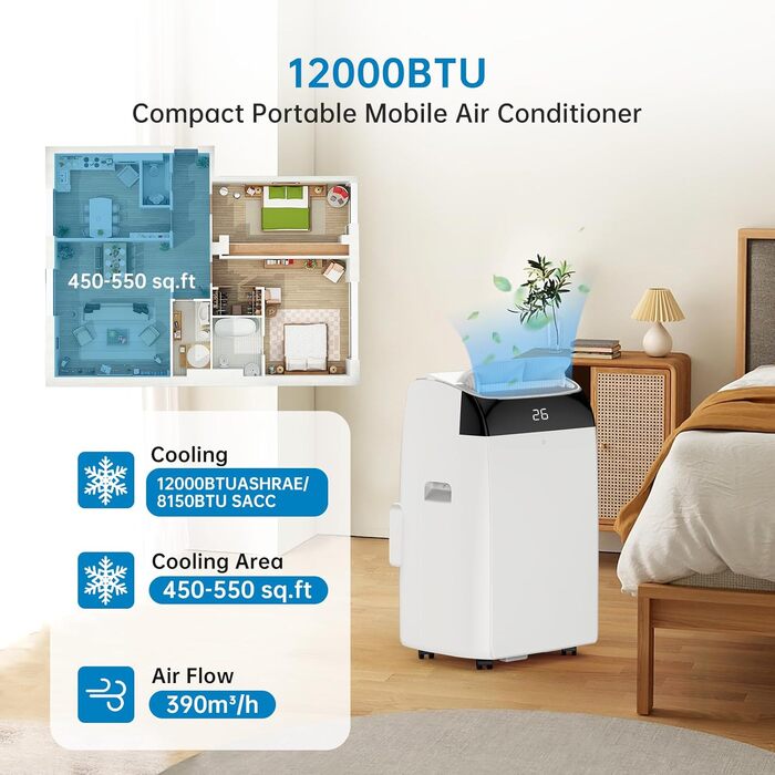 Мобільний кондиціонер Leises 4-в-1 12000 BTU з пультом, таймером на 24 години, функціями охолодження, вентиляції, осушення та Follow-Me для кімнат до 43-51 м²