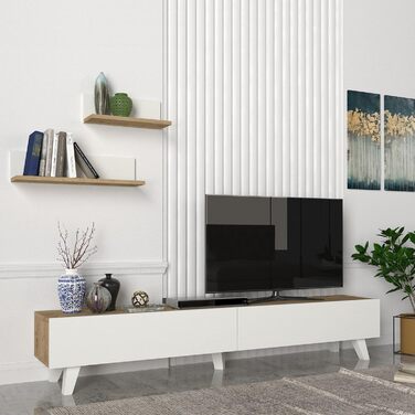 ТВ-тумба en.casa Saarijärvi з 2 полицями, 180x31x33 см, дуб/білий, сучасний телевізійний стіл для вітальні