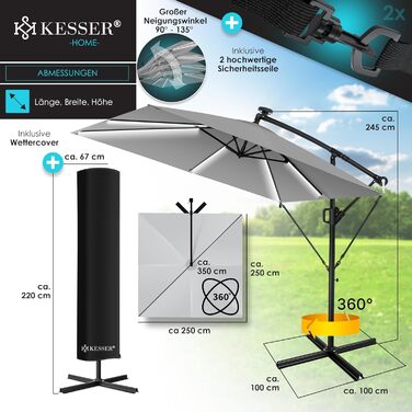 Сонячна прямокутна парасоля KESSER Holly з LED-підсвічуванням, алюмінієвий каркас, водовідштовхувальна, UV-захист, 350 см, з чохлом і фіксатором, світло-сіра для саду