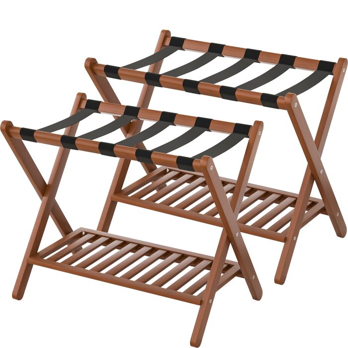 Складана підставка для валіз та багажу з бамбука з полицею для взуття, колір каштановий, комплект 2 шт.