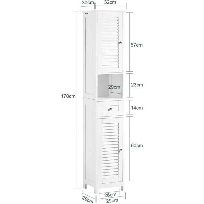 SoBuy FRG236-W Високий шафа для ванної кімнати, білий, 32x170x30 см, з відкритою полицею, шухлядою та дверцятами