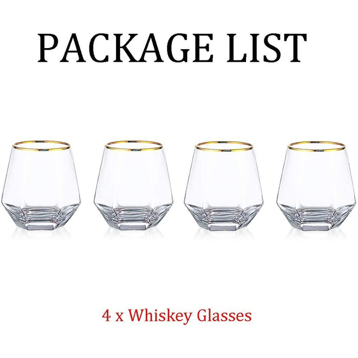 Набір склянок Diamond Whisky Glasses, 4 шт, 300 мл, скло з золотим обідком для віскі, бурбону, рому, бару, подарунок для чоловіків і жінок