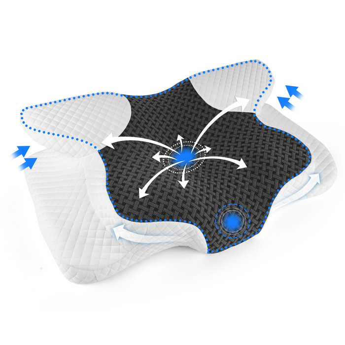 Ергономічна ортопедична подушка для шиї з ефектом пам'яті (Memory Foam), регульована висота, для сну на боці, спині та животі, 63x42 см (Білий + Чорний)