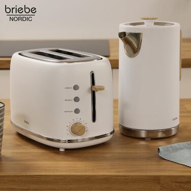 Тостер Briebe Nordic Set 2-слотовий з підставкою для булочок, 6 рівнів підсмажування + Електричний чайник 1.7л 2200Вт, BPA-free, Білий
