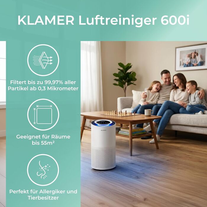 Очищувач повітря KLAMER 600i з HEPA H13, вугільним фільтром та UV-світлом, CADR 450 м³/год для приміщень до 55 м², білий