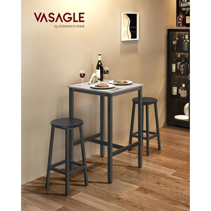 Барний стіл VASAGLE, високий, сталь, 60x60x92 см, індустріальний дизайн, для кухні та вітальні, чорний ебеновий