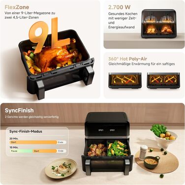Аерофритюрниця Mova AeroChef FD20 Pro з двома зонами приготування, 9 л, 2700 Вт, SyncFinish, діапазон температур 40-230 °C
