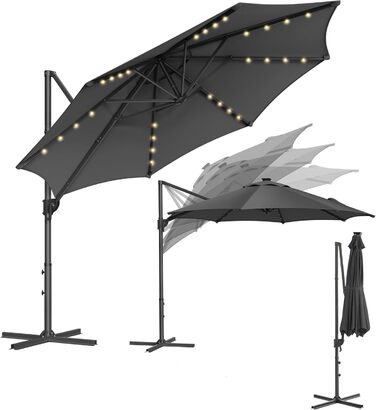 Парасоля SONGMICS для саду, 300 см, ампельна, 28 сонячних LED, UPF 50+, регулювання кута, 360° обертання, сірий