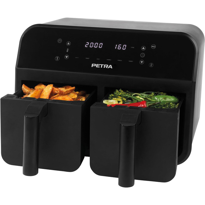 Фритюрниця з гарячим повітрям Petra PT4750BLKVDE XXL 7,4 л, 2400 Вт, подвійна, 2 антипригарні кошики, 6 програм, чорна