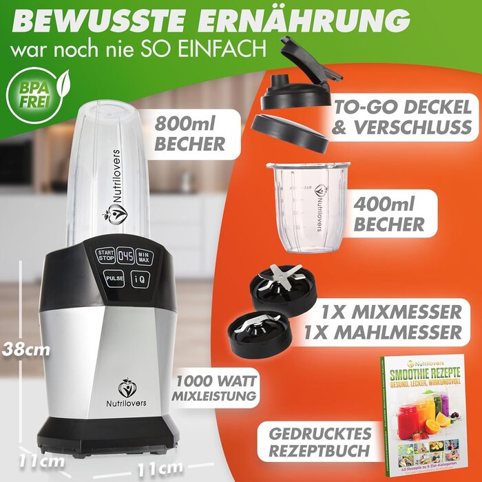 Блендер для смузі NutriBlender Smoothie-Maker 1000 Вт з авто-функцією Auto-IQ, 2 стакани, ніж, кришки, без BPA + Книга рецептів