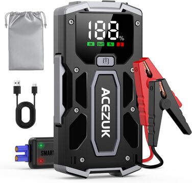 Портативний зарядний пристрій Starthilfe Powerbank 5000A для автомобіля з LED-ліхтариком, великим екраном (6000A) чорний M01
