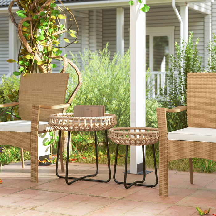 Outsunny Набір з 2 бічних столів Poly Rattan Ø60/41 см Круглий стійкий до погодних умов садовий стіл з регульованими подушечками для ніг X-Legs Відкритий балконний столик Журнальний столик Садові меблі для саду, балкон коричневий
