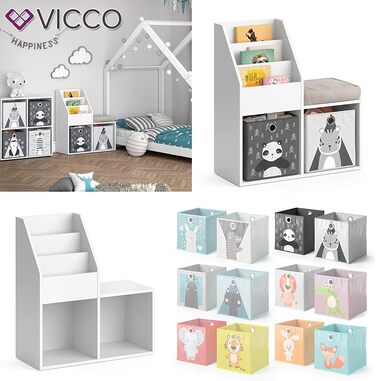 Дитяча книжкова полиця Vicco Luigi, біла, 72x79 см, з 2 текстильними коробками Panda/Tiger