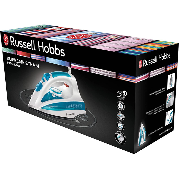 Парова праска Russell Hobbs 20562-56, 2600 Вт, керамічна підошва, резервуар 300 мл, подача пари 70 г/хв, паровий удар 210 г, антинакип, автooчищення, захист від капання