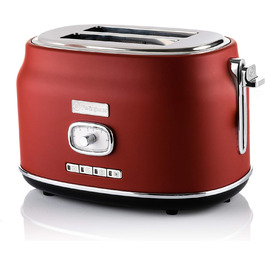 Тостер Westinghouse Retro на 2 скибки, знімна решітка для булочок, 6 рівнів підсмажування, функції розморожування, підігріву та зупинки, центрування хліба, контрольна лампочка, висувний піддон для крихт, червоний