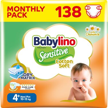 Дитячі підгузки Babylino Sensitive Maxi Plus, розмір 4+ (10-15 кг), 138 шт. — гіпоалергенні