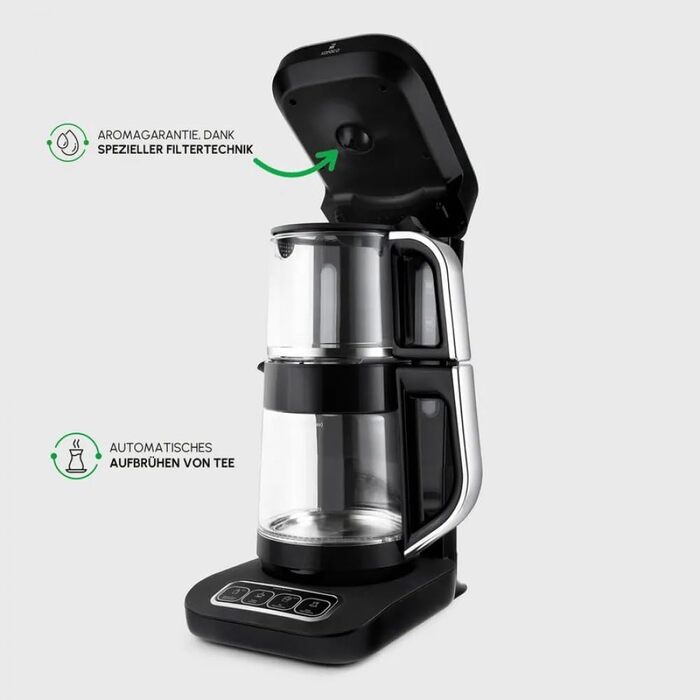 Чайоварка-робот Karaca Çaysever Pro 4-в-1: чайник, фільтр-кавоварка, 2500W, чорний/хром, з індикатором свіжості та голосовими підказками, об'єм 0,8 л (чайник) та 1,5 л (резервуар для води)