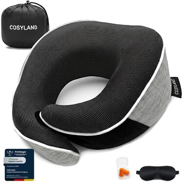 Подорожня подушка для шиї COSYLAND з ефектом пам'яті (Memory Foam) для літака та авто, ергономічна підтримка 360°, регульована, сіра (набір: чохол, маска для сну, беруші)