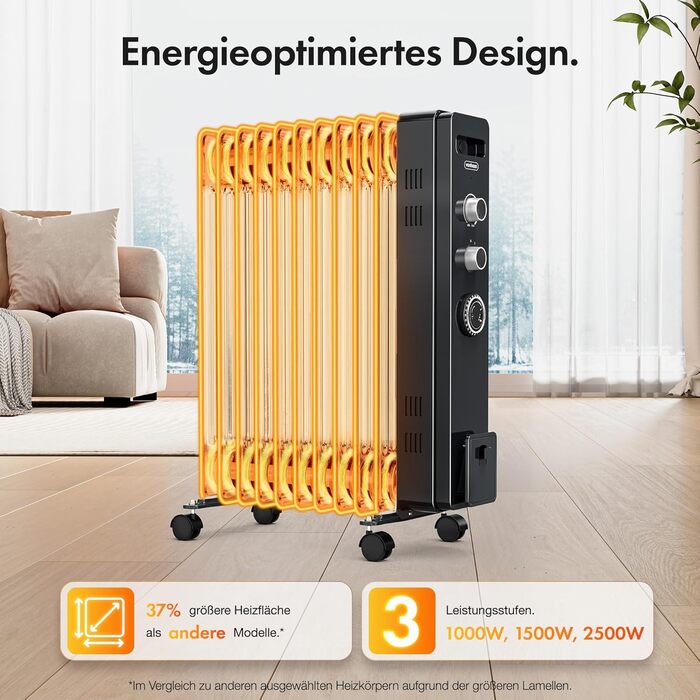 Масляний радіатор VonHaus 2500W, електричний обігрівач з термостатом, 3 режимами потужності, таймером на 24г та 11 секціями (Чорний)