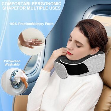 Ергономічна подушка для шиї Collazoey з ефектом пам'яті (Memory Foam) для подорожей, набір з маскою для сну, берушами та сумкою для зберігання, світло-сіра