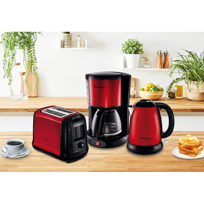 Тостер Moulinex LT261D Subito, 850 Вт, 2 слоти, червоно-чорний, з підставкою для булочок, регульовані ступені підсмажування, розморожування та підігрів