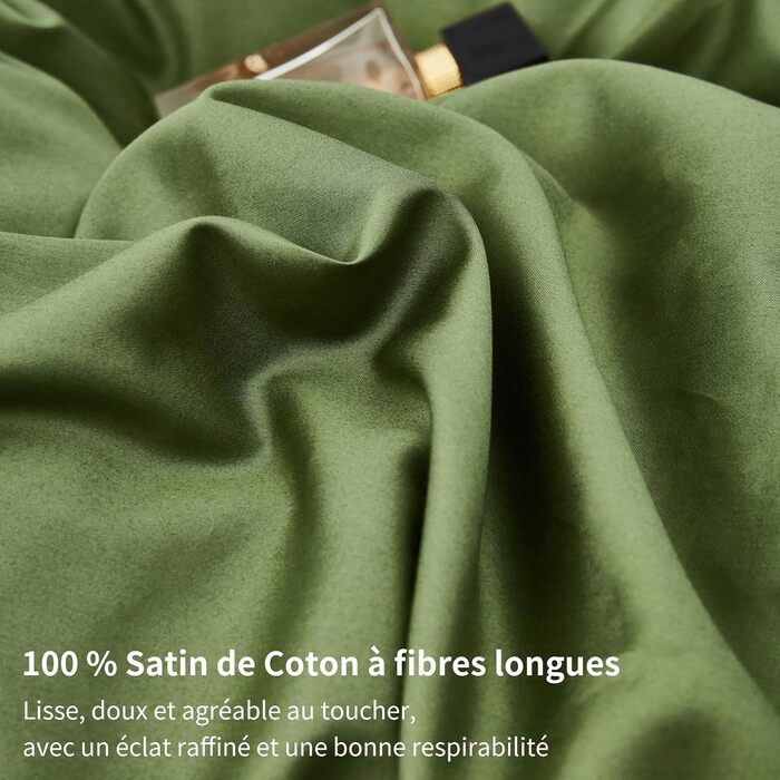 Комплект постільної білизни з бавовняного сатину Deluxe (220x240 см), оливковий — підковдра та 2 наволочки (65x65 см), дихаюча тканина